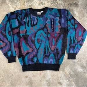 Vintage 80s Abstract Teal Sweater XL